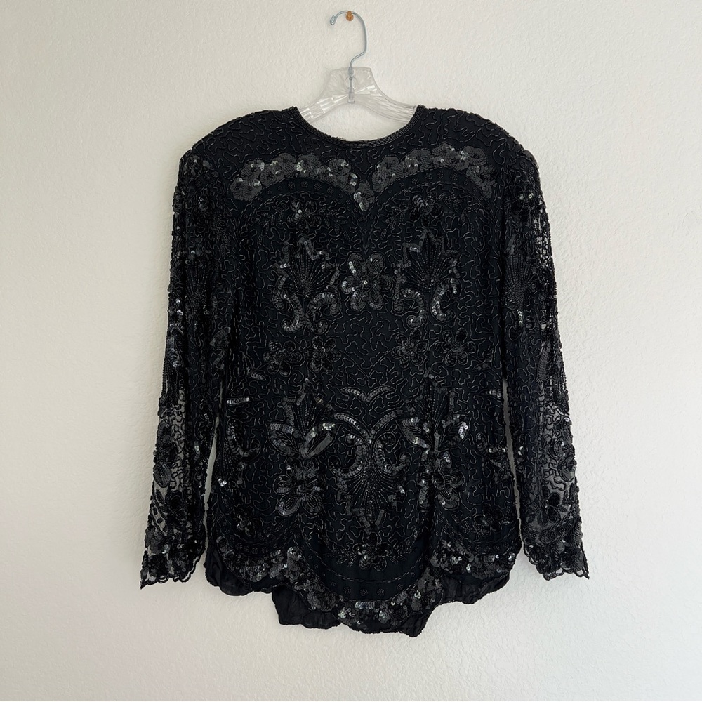 Neiman Marcus Vintage Long Sleeve Silk Black Beaded Top Size Small
